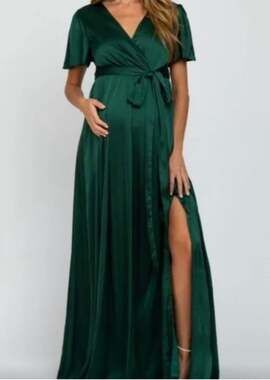 RicaRica Green Side Slit Satin Maternity Maxi Dress